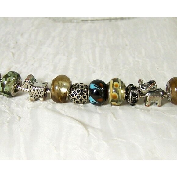 Sterling Silver Charm Bracelet Safari Animals Five Snake Chain 10 Glass Beads - Picture 4 of 6